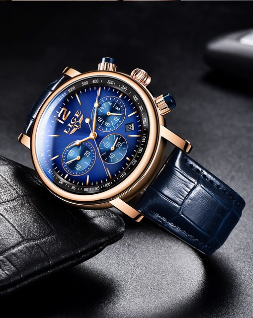 Zegarek męski LIGE biznesowy, luksusowy, kwarcowy, skórzany pasek, wodoodporny 30M, modny, reloj hombre + Box - Wianko - 12