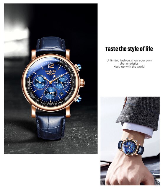 Zegarek męski LIGE biznesowy, luksusowy, kwarcowy, skórzany pasek, wodoodporny 30M, modny, reloj hombre + Box - Wianko - 6