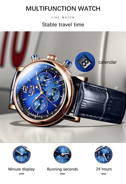 Zegarek męski LIGE biznesowy, luksusowy, kwarcowy, skórzany pasek, wodoodporny 30M, modny, reloj hombre + Box - Wianko - 7