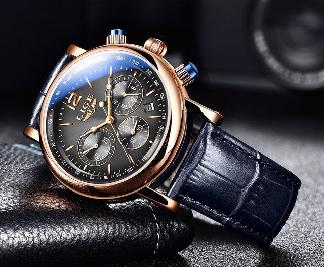 Zegarek męski LIGE biznesowy, luksusowy, kwarcowy, skórzany pasek, wodoodporny 30M, modny, reloj hombre + Box - Wianko - 18