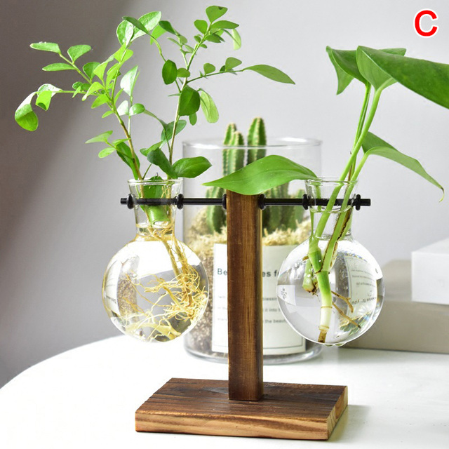 Biurko szklane z hydroponicznym wazonem i drewnianą tacą dekoracyjną - Wianko - 13