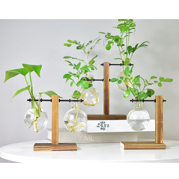 Biurko szklane z hydroponicznym wazonem i drewnianą tacą dekoracyjną - Wianko - 6