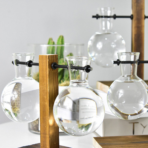 Biurko szklane z hydroponicznym wazonem i drewnianą tacą dekoracyjną - Wianko - 8