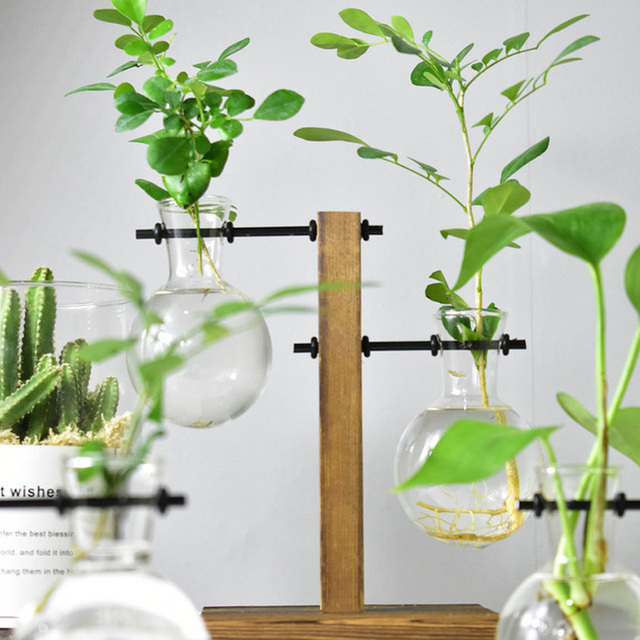 Biurko szklane z hydroponicznym wazonem i drewnianą tacą dekoracyjną - Wianko - 2