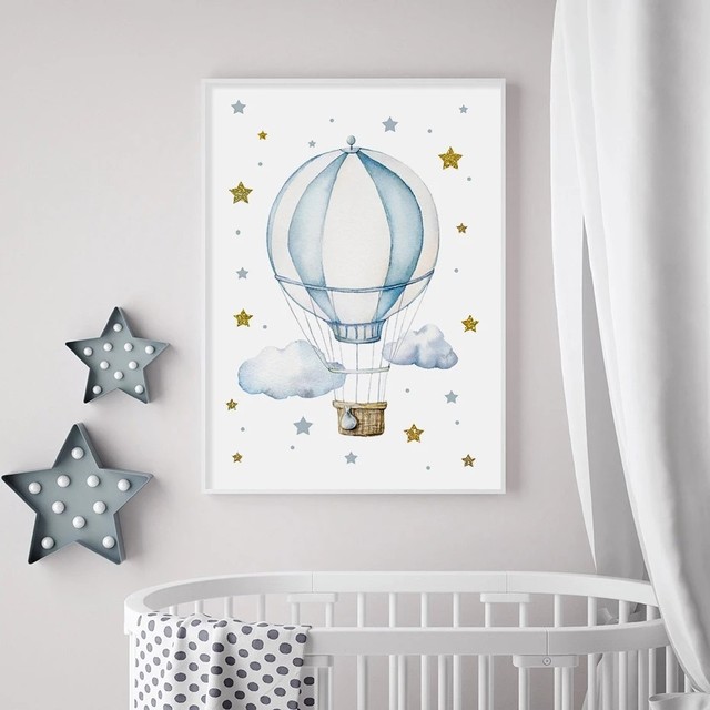 Dmuchany słoń w niebieskim gorącym balonie z złotymi gwiazdami - plakat na płótnie z artystycznymi wydrukami dla przedszkolaka, do dekoracji sypialni - Wianko - 2