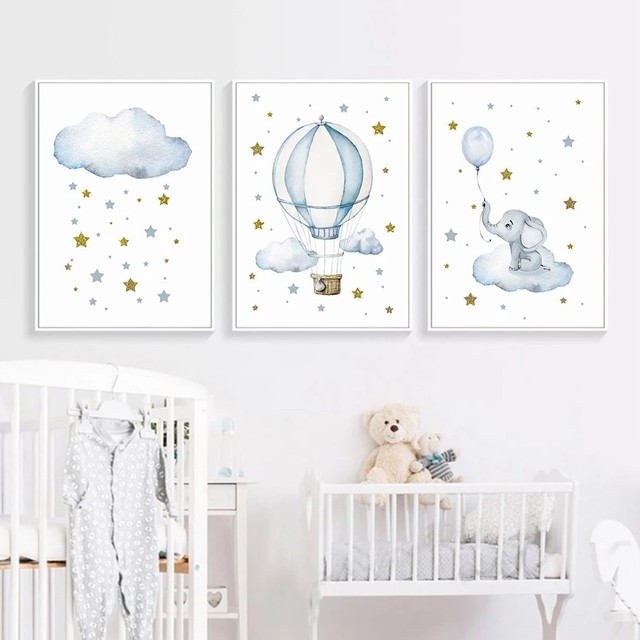 Dmuchany słoń w niebieskim gorącym balonie z złotymi gwiazdami - plakat na płótnie z artystycznymi wydrukami dla przedszkolaka, do dekoracji sypialni - Wianko - 3