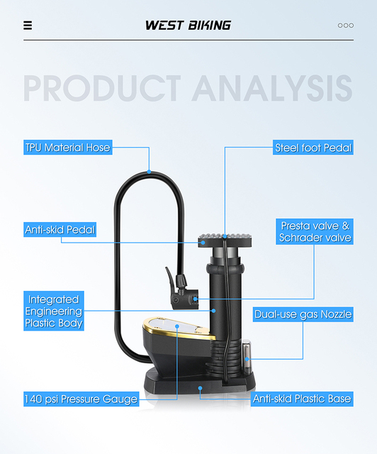 Przenośna pompka do roweru WEST BIKING z manometrem, 140psi, wentyl Presta/Schrader - Wianko - 9