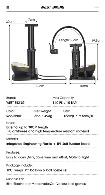 Przenośna pompka do roweru WEST BIKING z manometrem, 140psi, wentyl Presta/Schrader - Wianko - 3