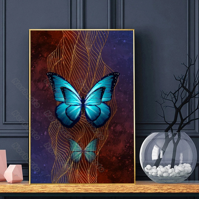 Nowoczesny obraz na płótnie z motywem niebieskich i fioletowych motyli z dodatkiem złotej nitki do dekoracji ścian w salonach i sypialniach - Wianko - 4