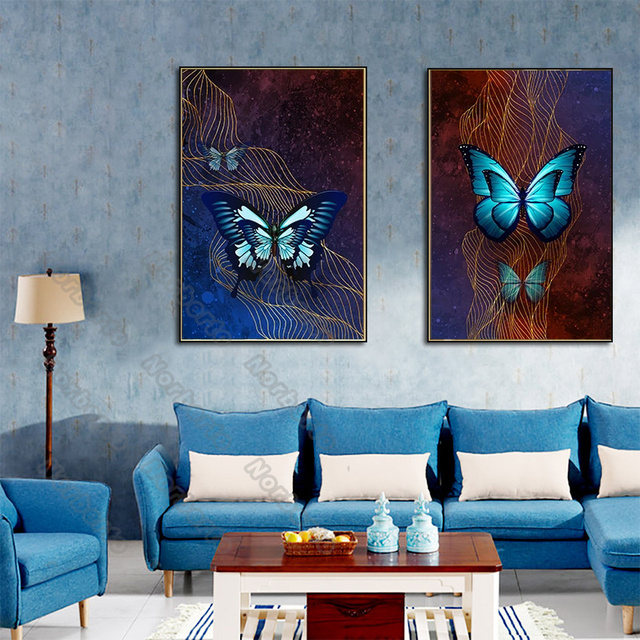 Nowoczesny obraz na płótnie z motywem niebieskich i fioletowych motyli z dodatkiem złotej nitki do dekoracji ścian w salonach i sypialniach - Wianko - 5