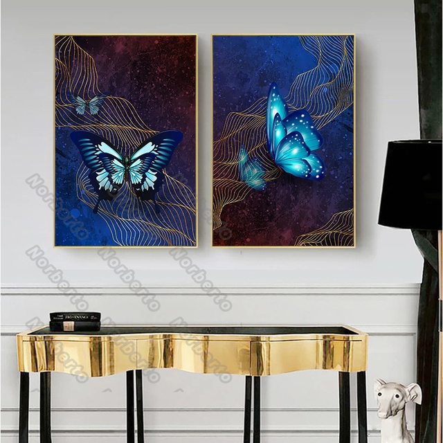 Nowoczesny obraz na płótnie z motywem niebieskich i fioletowych motyli z dodatkiem złotej nitki do dekoracji ścian w salonach i sypialniach - Wianko - 3