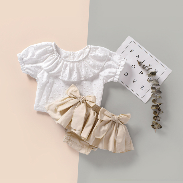 Zestaw letniego ubrania dla małych dziewczynek - biała falbana Top + łuk Bloomers szorty - Wianko - 3
