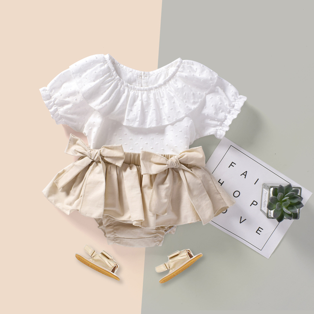 Zestaw letniego ubrania dla małych dziewczynek - biała falbana Top + łuk Bloomers szorty - Wianko - 4