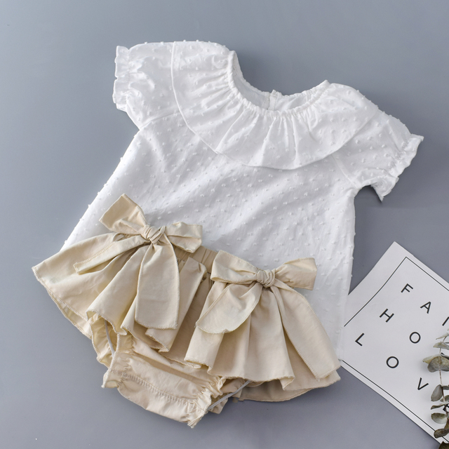 Zestaw letniego ubrania dla małych dziewczynek - biała falbana Top + łuk Bloomers szorty - Wianko - 7