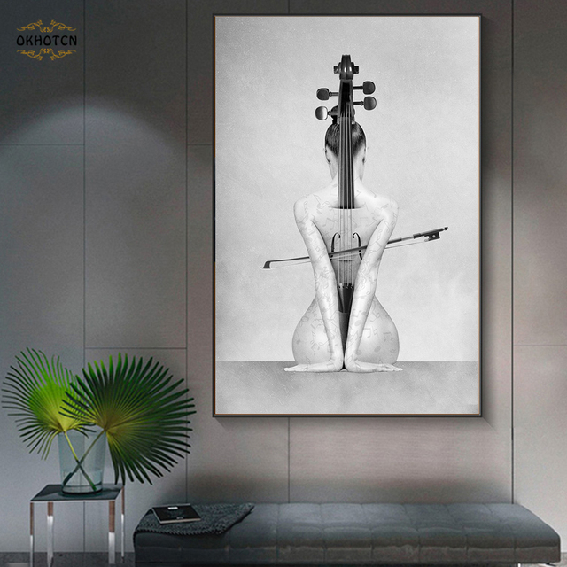 Malarstwo na płótnie - czarno-biała sztuka - plakat z seksowną dziewczyną grającą na skrzypcach - wystrój wnętrz - Wianko - 5