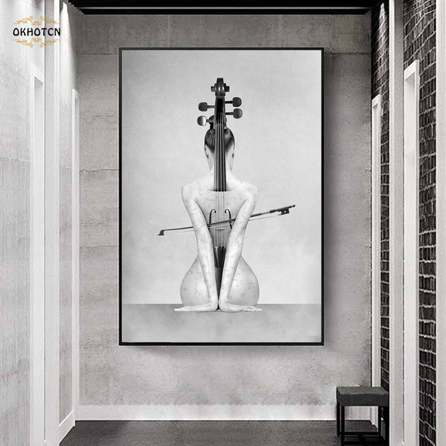 Malarstwo na płótnie - czarno-biała sztuka - plakat z seksowną dziewczyną grającą na skrzypcach - wystrój wnętrz - Wianko - 4