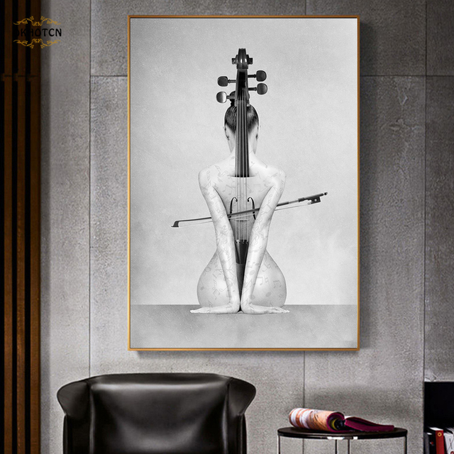 Malarstwo na płótnie - czarno-biała sztuka - plakat z seksowną dziewczyną grającą na skrzypcach - wystrój wnętrz - Wianko - 6