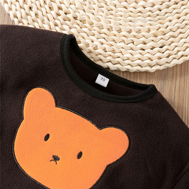 Zestaw ubrań dla niemowlaka: urocza bluzka z animowanym niedźwiadkiem i spodnie z dzianiny z polarowymi żebrowanymi mankietami 0-24M - 2021 - Wianko - 6