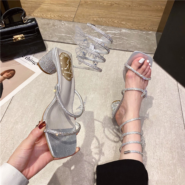 Wiosenno-letnie damskie sandały luksusowej mody 2021 z oczkami węża, motylem i grubymi obcasami - Wianko - 14