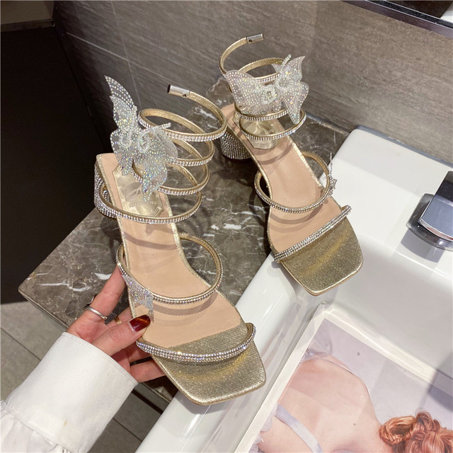 Wiosenno-letnie damskie sandały luksusowej mody 2021 z oczkami węża, motylem i grubymi obcasami - Wianko - 3