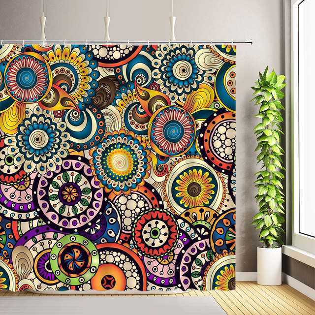 Zasłona prysznicowa Mandala kwiatowy wzór, styl boho, poliester, zestaw dekoracyjny do łazienki, wanna - Wianko - 5