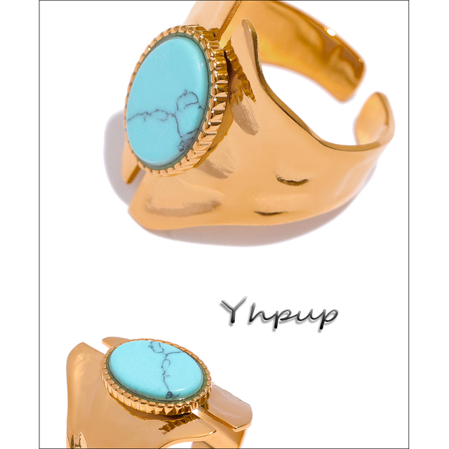 Pierścień ze stali nierdzewnej z naturalnym wodoodpornym kamieniem turkusowym, otwierany, w modnym geometrycznym stylu na prezent - Wianko - 3