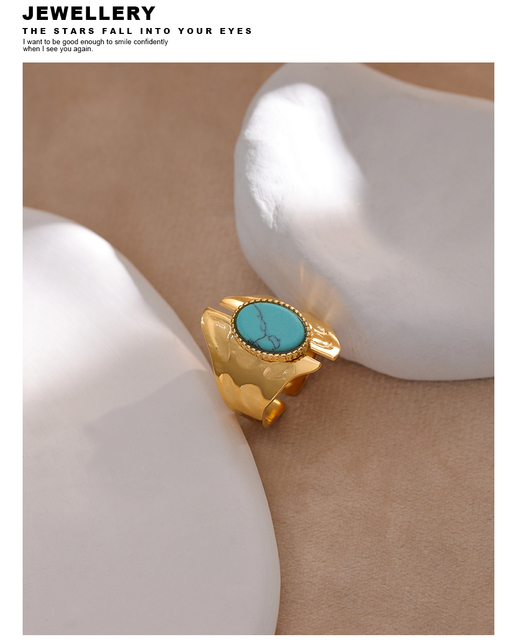 Pierścień ze stali nierdzewnej z naturalnym wodoodpornym kamieniem turkusowym, otwierany, w modnym geometrycznym stylu na prezent - Wianko - 9