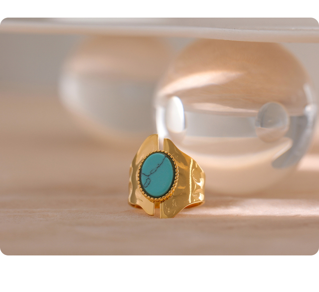 Pierścień ze stali nierdzewnej z naturalnym wodoodpornym kamieniem turkusowym, otwierany, w modnym geometrycznym stylu na prezent - Wianko - 8