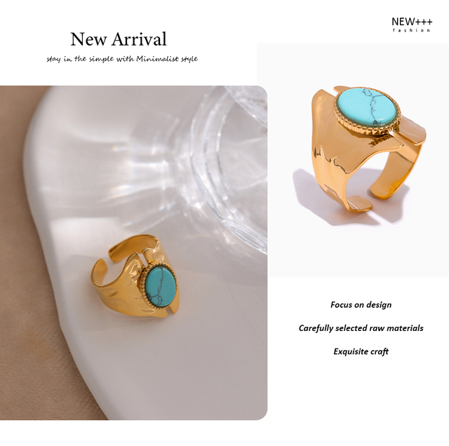 Pierścień ze stali nierdzewnej z naturalnym wodoodpornym kamieniem turkusowym, otwierany, w modnym geometrycznym stylu na prezent - Wianko - 7