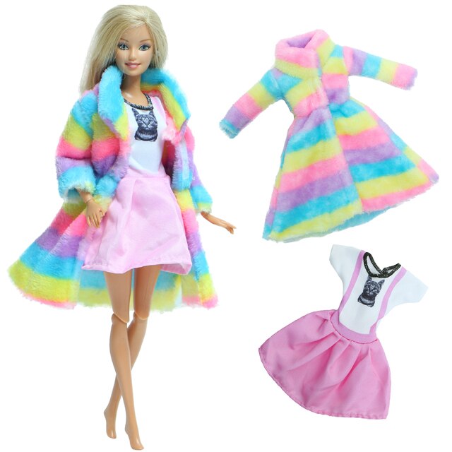 Zestaw 2szt. akcesoriów dla lalek - miękkie futro i różowa sukienka zimowa dla Barbie - Wianko - 2