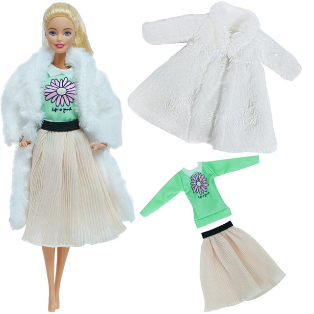 Zestaw 2szt. akcesoriów dla lalek - miękkie futro i różowa sukienka zimowa dla Barbie - Wianko - 9