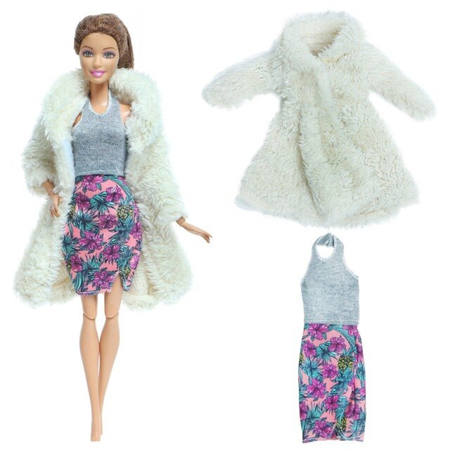 Zestaw 2szt. akcesoriów dla lalek - miękkie futro i różowa sukienka zimowa dla Barbie - Wianko - 5