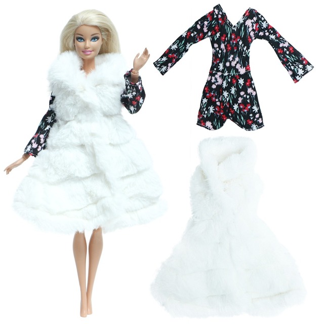 Zestaw 2szt. akcesoriów dla lalek - miękkie futro i różowa sukienka zimowa dla Barbie - Wianko - 6
