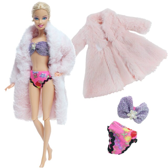 Zestaw 2szt. akcesoriów dla lalek - miękkie futro i różowa sukienka zimowa dla Barbie - Wianko - 18