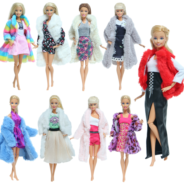 Zestaw 2szt. akcesoriów dla lalek - miękkie futro i różowa sukienka zimowa dla Barbie - Wianko - 1