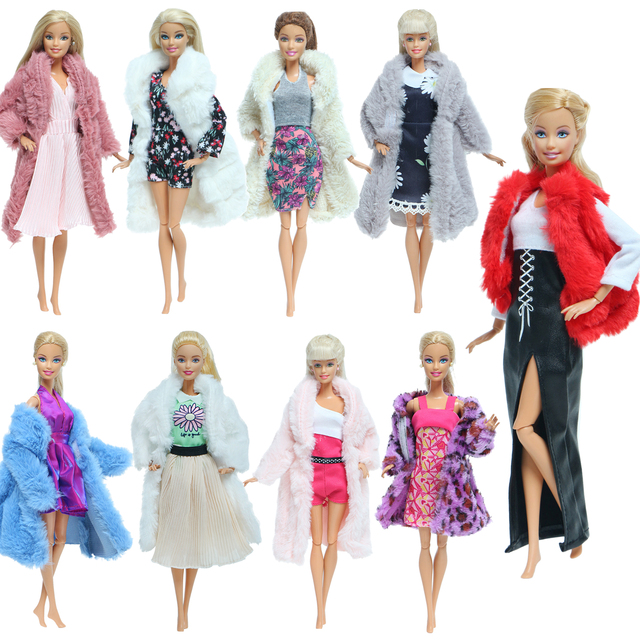 Zestaw 2szt. akcesoriów dla lalek - miękkie futro i różowa sukienka zimowa dla Barbie - Wianko - 3
