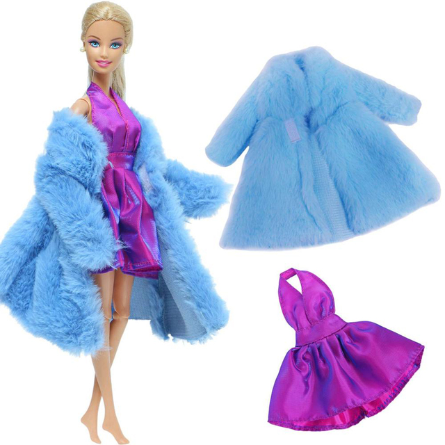 Zestaw 2szt. akcesoriów dla lalek - miękkie futro i różowa sukienka zimowa dla Barbie - Wianko - 10