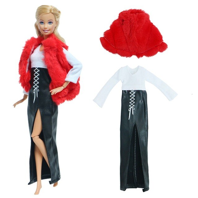 Zestaw 2szt. akcesoriów dla lalek - miękkie futro i różowa sukienka zimowa dla Barbie - Wianko - 4