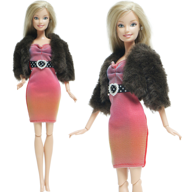 Zestaw 2szt. akcesoriów dla lalek - miękkie futro i różowa sukienka zimowa dla Barbie - Wianko - 11