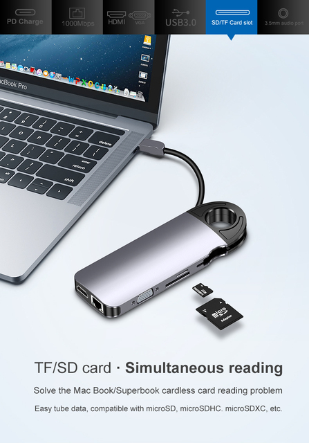 USB C Hub 10-w-1 z ukrytym kablem, Gigabit Ethernet, 4K HDMI, 60W PD, VGA, SD/TF, 3.5mm typ C Hub dla iPadów i MacBooka Pro - Wianko - 7