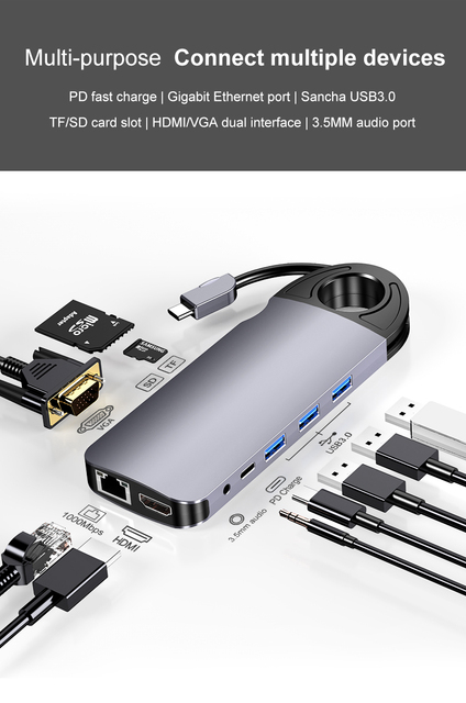 USB C Hub 10-w-1 z ukrytym kablem, Gigabit Ethernet, 4K HDMI, 60W PD, VGA, SD/TF, 3.5mm typ C Hub dla iPadów i MacBooka Pro - Wianko - 2