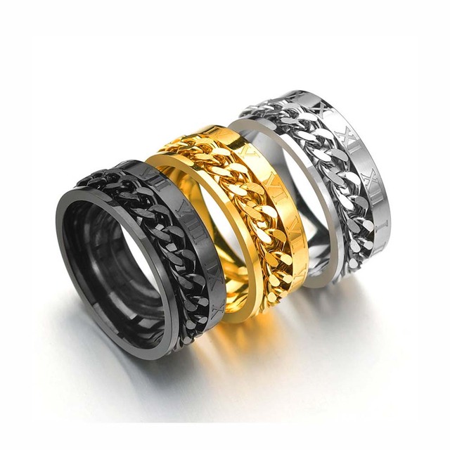 Pierścień łańcuchowy z cyfrą rzymską - 3 sztuki, st. nierdzewna, złoty/czarny, obrotowy, moda Edgy Punk, dla mężczyzn i kobiet - Wianko - 1