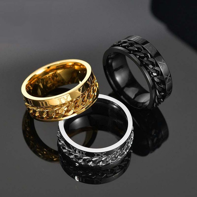 Pierścień łańcuchowy z cyfrą rzymską - 3 sztuki, st. nierdzewna, złoty/czarny, obrotowy, moda Edgy Punk, dla mężczyzn i kobiet - Wianko - 2
