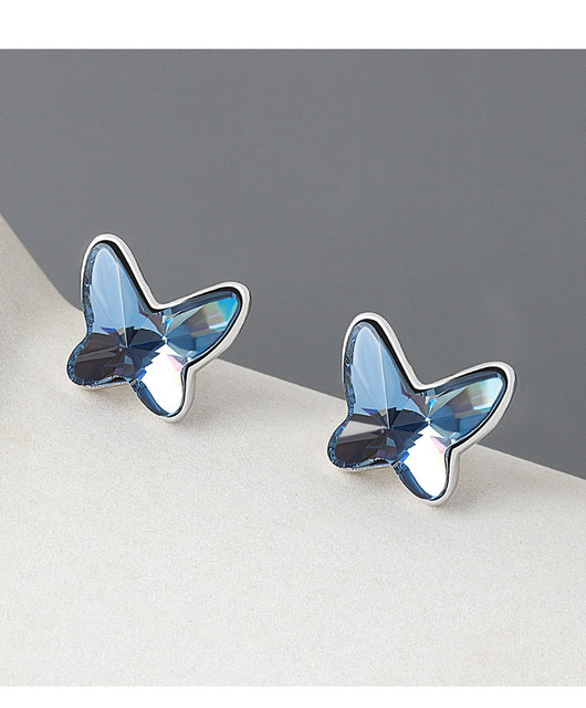 Kolczyki damskie S925 posrebrzany platynowy motyl z niebieskim cyrkonem - Wianko - 2