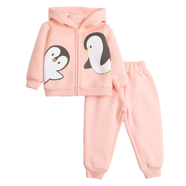 Zestaw odzieżowy dla dzieci - Mały maven maluch w kapturze, aksamitny, z wzorem pingwina zimowy różowy, długie rękawy i spodnie - Wianko - 5