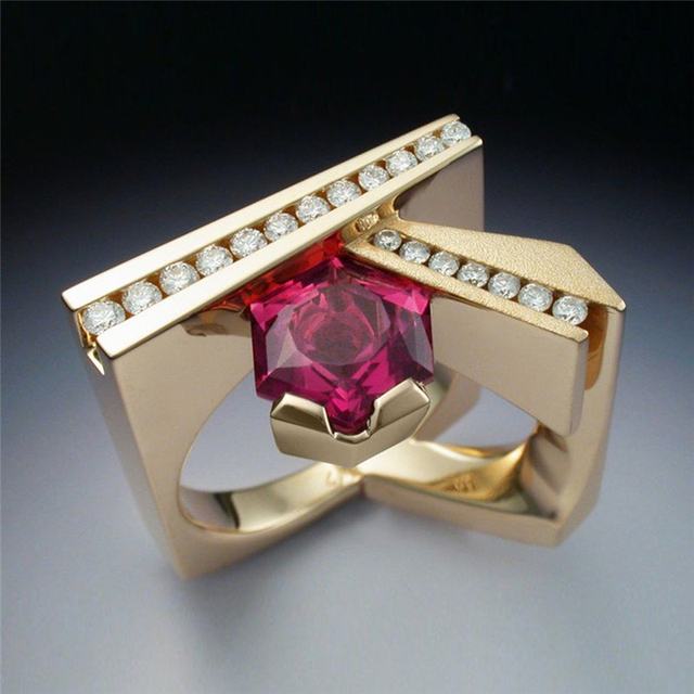 Huitan złoty pierścień czerwony CZ z niekonwencjonalnym wzorem dla kobiet - trendy biżuteria - Wianko - 3