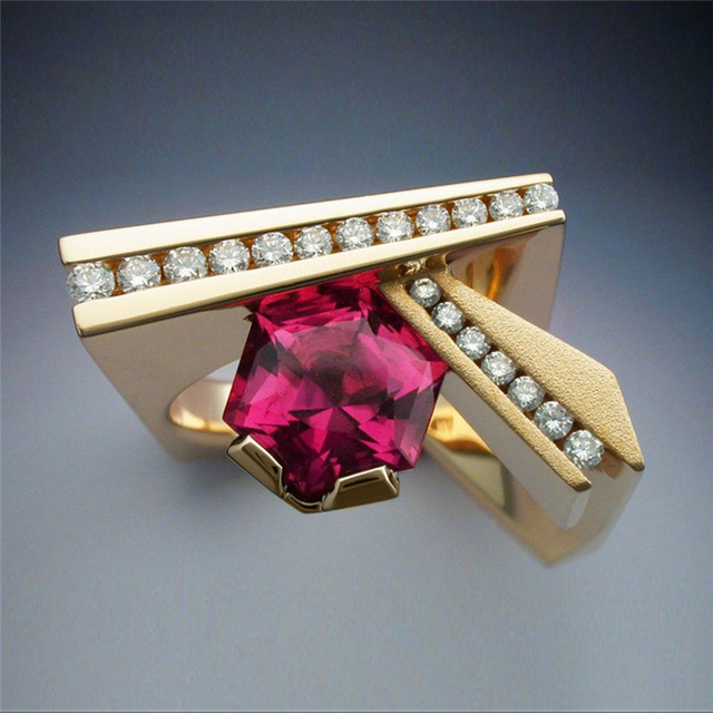 Huitan złoty pierścień czerwony CZ z niekonwencjonalnym wzorem dla kobiet - trendy biżuteria - Wianko - 4
