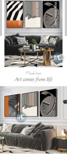 Plakat z abstrakcyjnymi czarno-białymi liniami i pomarańczowymi ścianami - nowoczesne malarstwo na płótnie - Wianko - 3