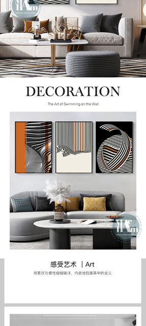 Plakat z abstrakcyjnymi czarno-białymi liniami i pomarańczowymi ścianami - nowoczesne malarstwo na płótnie - Wianko - 2