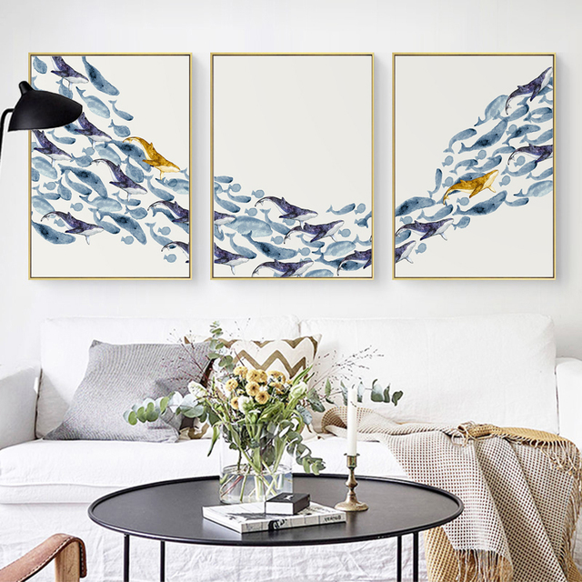 Plakat malarstwa z grupą niebiesko-złotych wielorybów dla pokoju dziecięcego - Wianko - 2
